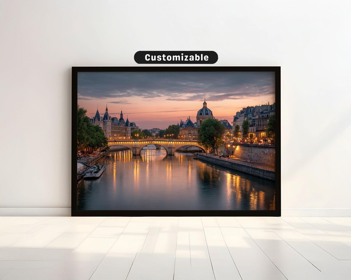 Paris Seine Riverside Bridges Dusk City Lights Romantic Travel Poster