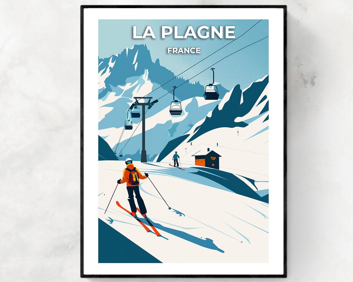 La Plagne France Gondola Skier Sunset Slopes Cabin Travel Poster
