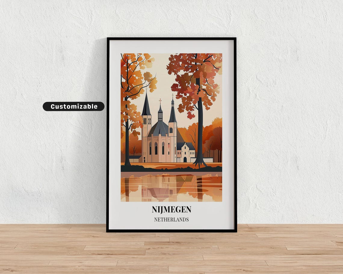 Nijmegen Netherlands Autumn Church Lakeside Reflection Travel Poster