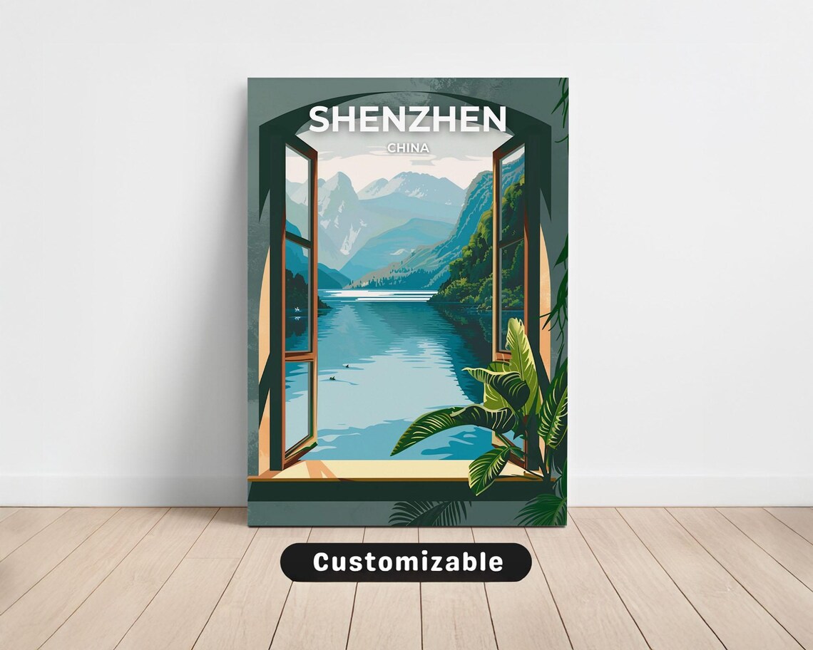Shenzhen China Window View Lake Mountains Vintage Travel Poster