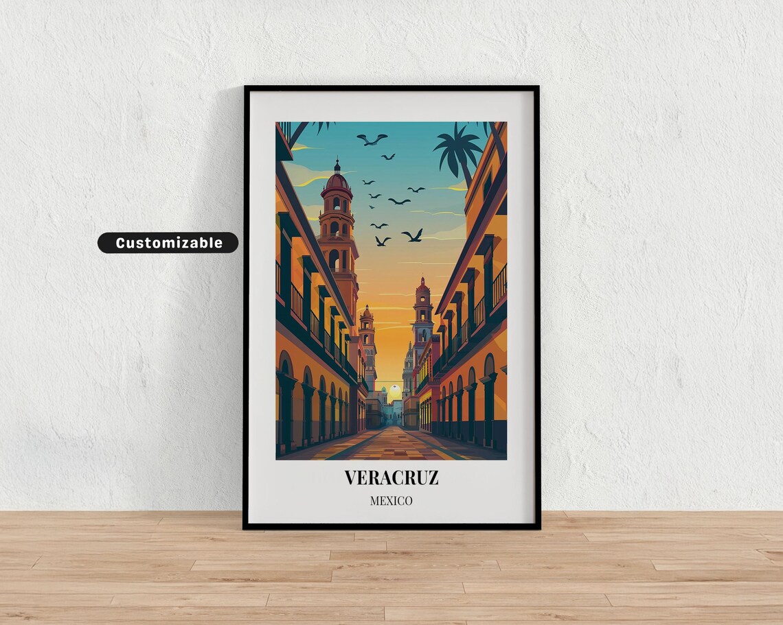 Veracruz Mexico Sunset Colonial Street Church Retro Travel Poster