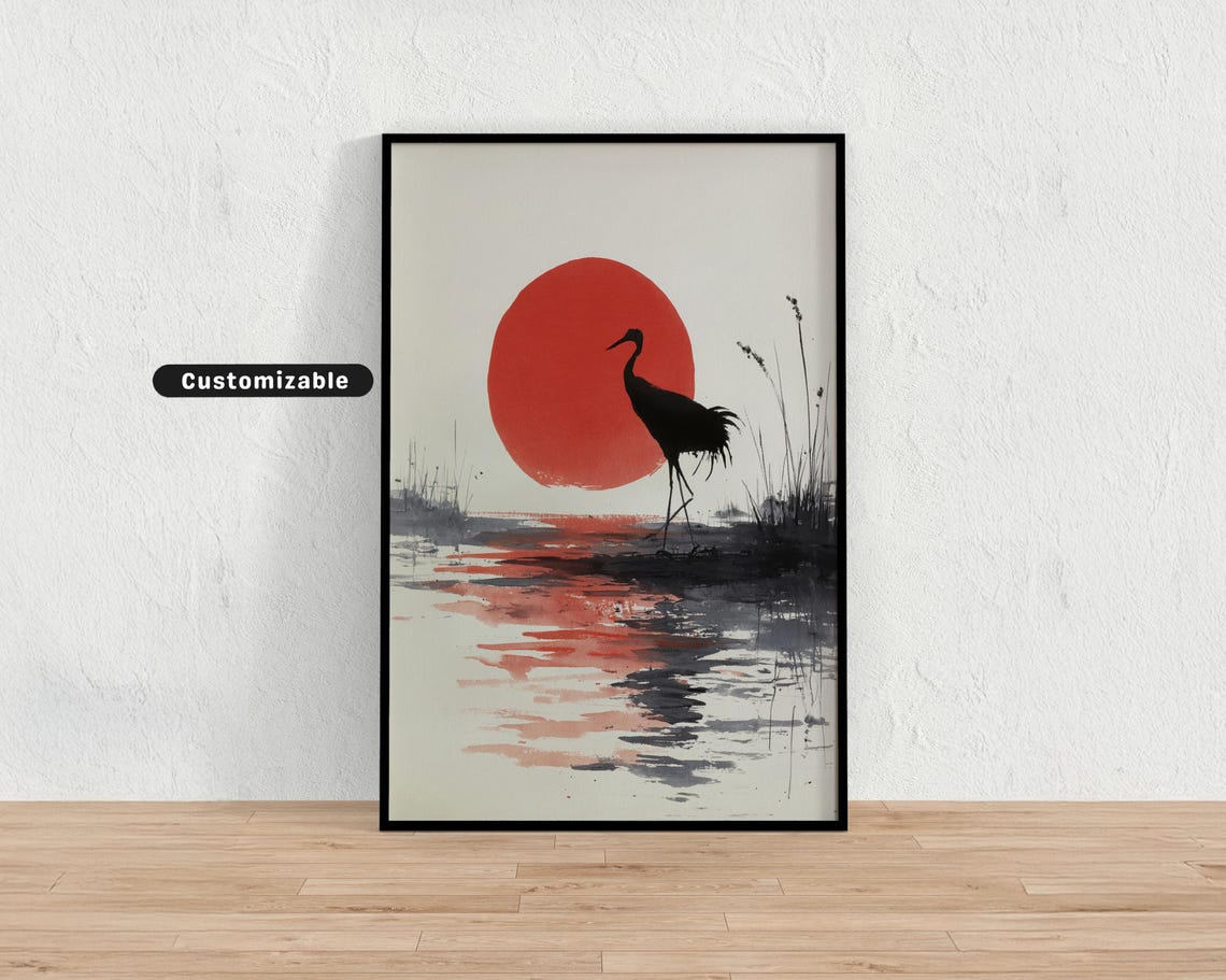 Japanese Crane Poster With Red Sun Over Marsh In Sumi E Style