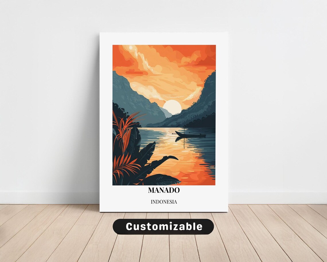 Serene Manado Indonesia Sunset Lake Boat Mountain Travel Poster