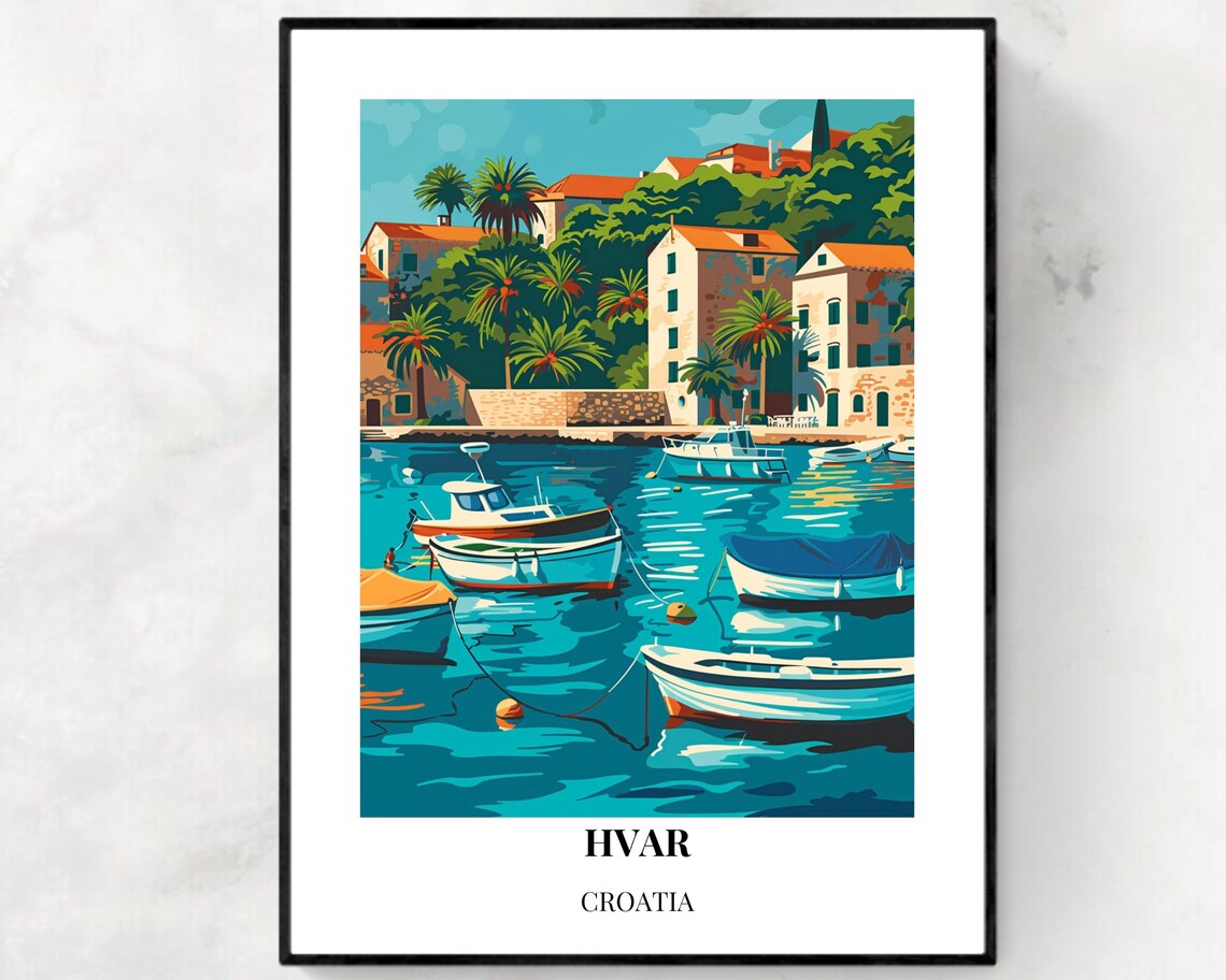 Hvar Croatia Colorful Harbor with Fishing Boats Travel Poster