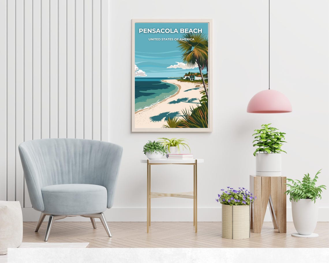 Pensacola Beach White Sand Palm Shadows Florida Travel Poster - Image 2