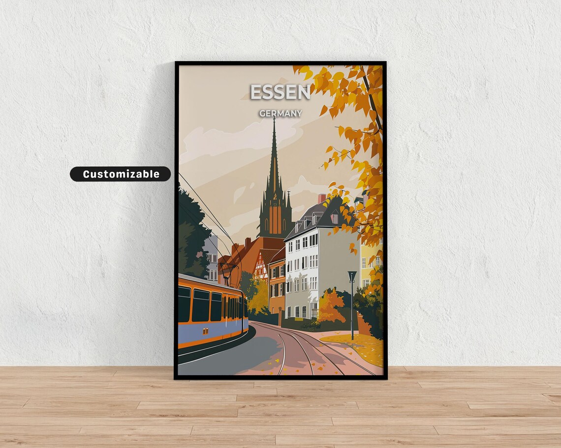 Essen Germany Autumn Tram and Church Spire City Travel Poster