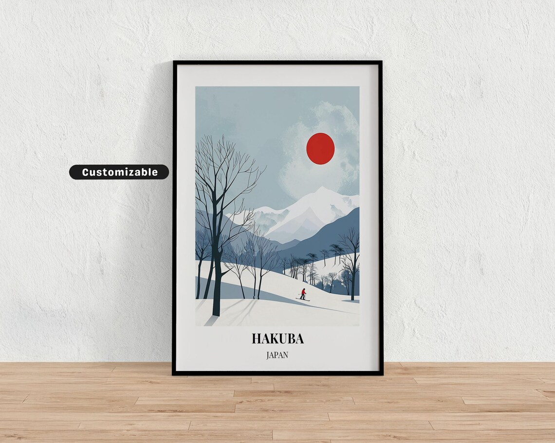 Hakuba Japan Red Sun Over Snowy Mountains Lone Skier Winter Art Poster