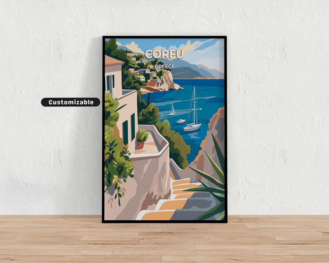 Corfu Greece Coastal Steps Sailboats Sunny Travel Style Poster