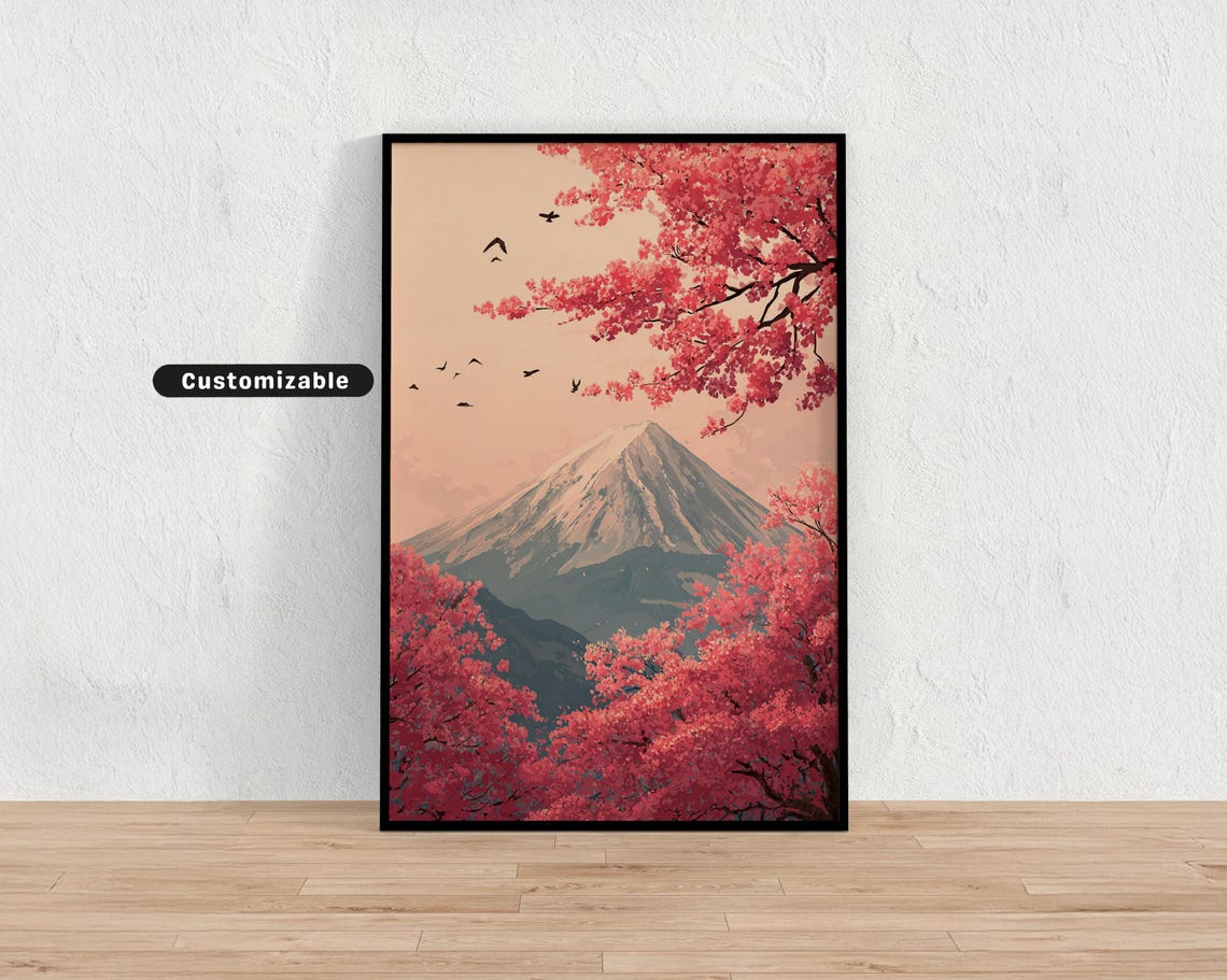 Mt Fuji In Spring Framed By Cherry Blossoms And Birds Japanese Wall Art Print Zen Asian Decor