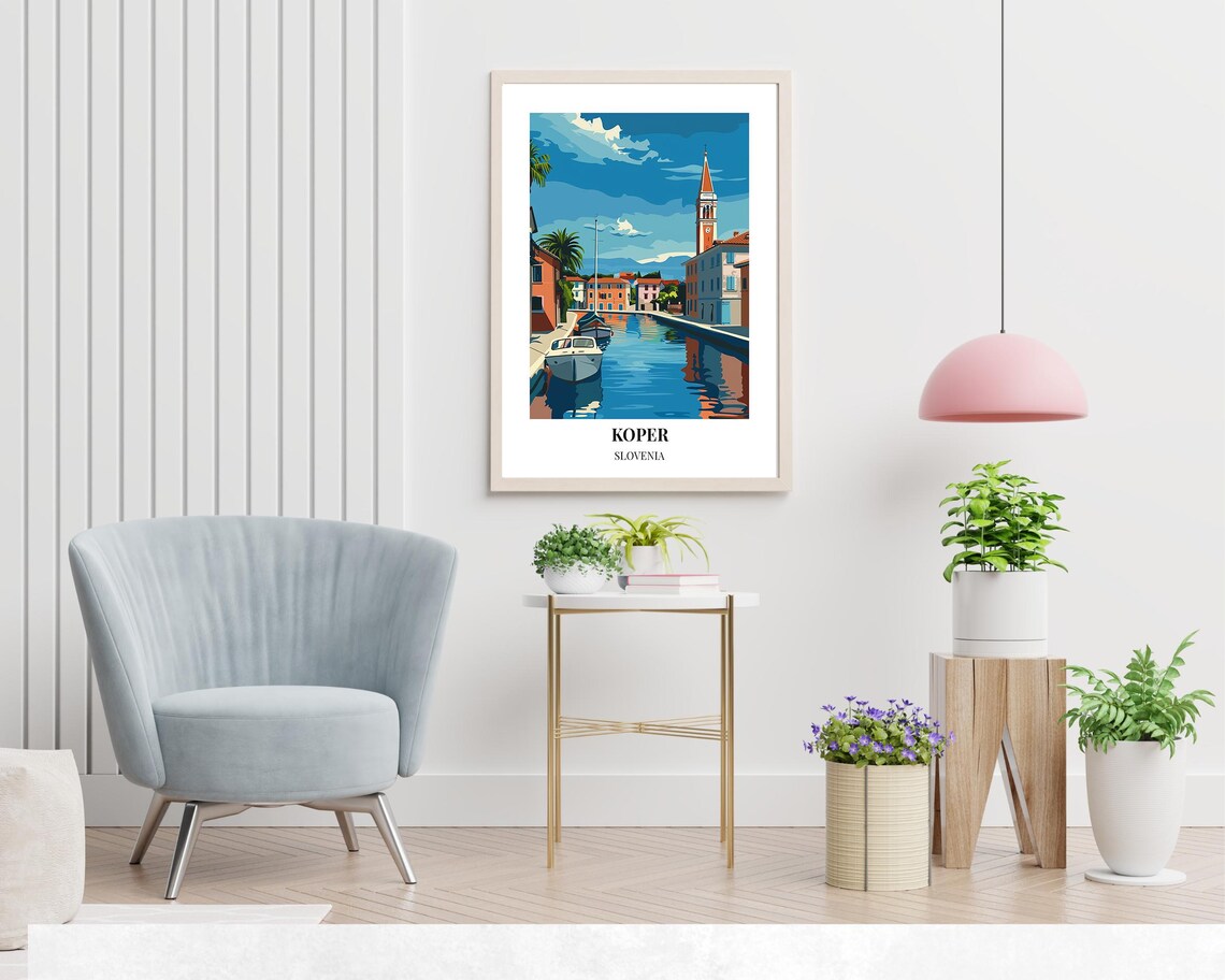 Koper Slovenia Marina Poster with Canal Boats and Bell Tower - Image 2