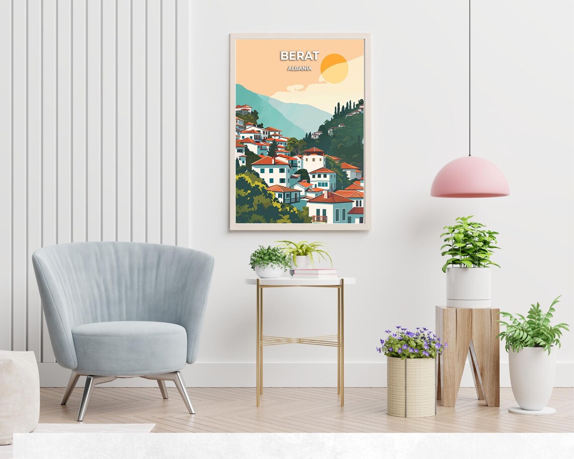Berat Albania Ottoman Hillside Old Town Vintage Travel Poster - Image 2