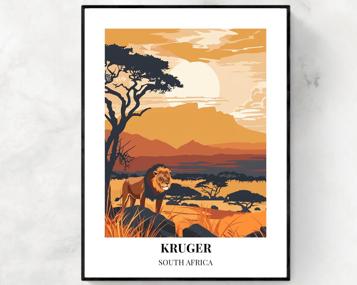 Kruger South Africa Lion Sunset African Safari Travel Poster