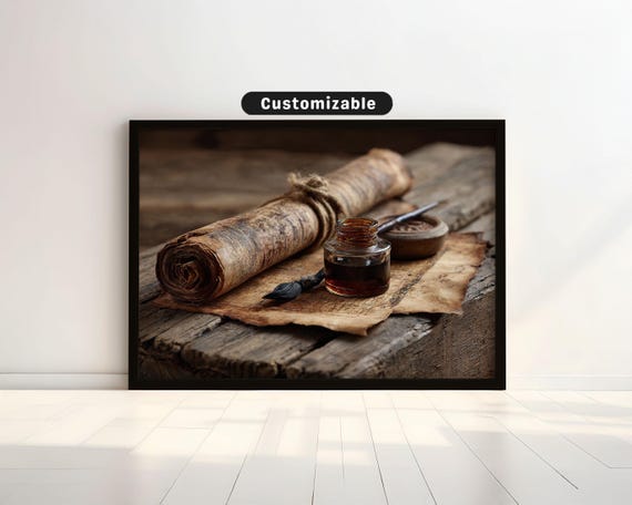 Old Scroll Unrolled On Wooden Desk With Ink Brush Japanese Wall Art Print Zen Asian Decor