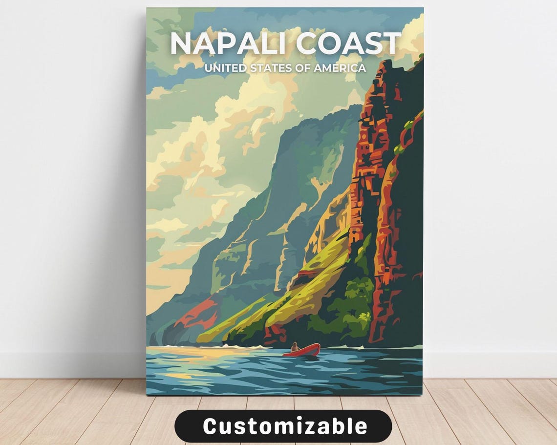 Napali Coast USA Vintage Travel Poster Tropical Sea Cliffs Kayak