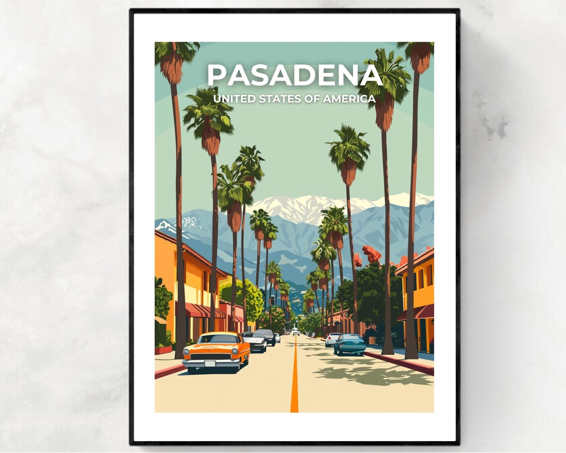 Pasadena California Street Scene Classic Cars Retro Travel Poster