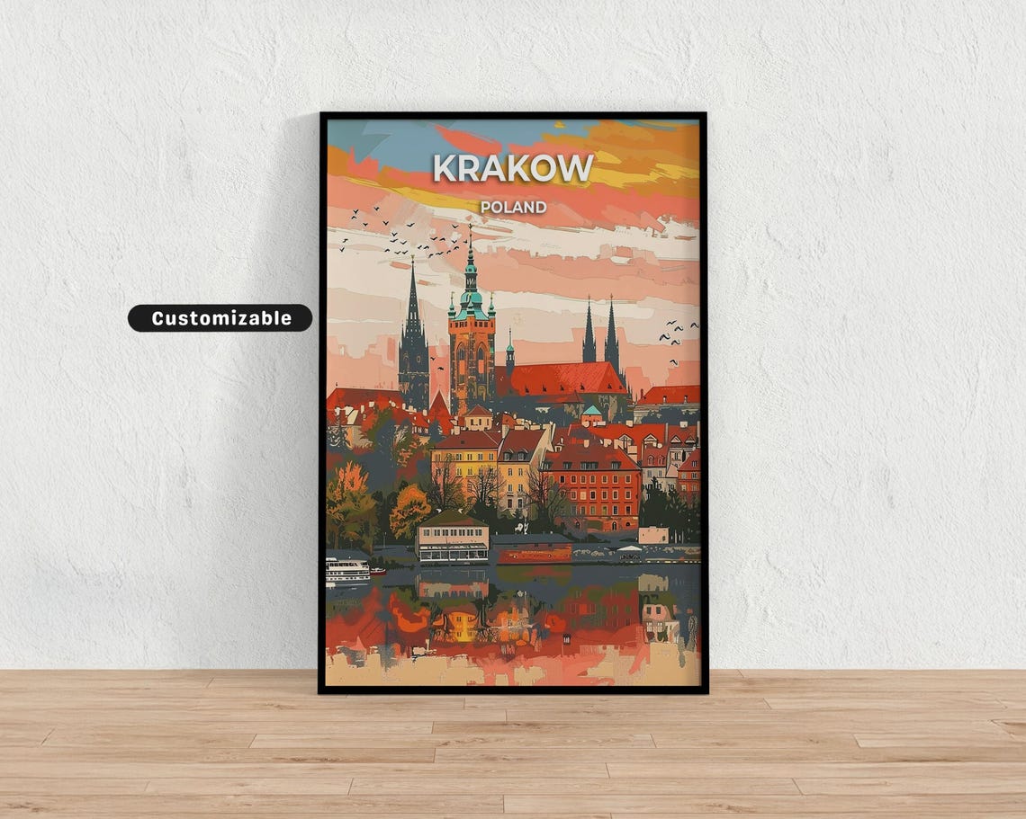 Krakow Poland Riverside Old Town Sunset Vintage Travel Poster