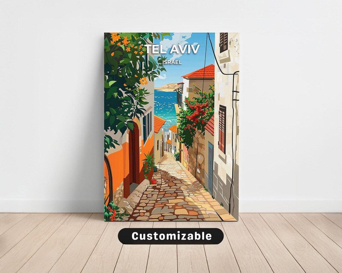 Tel Aviv Old Lane Travel Print Cobblestone Street Sea View Israel Art