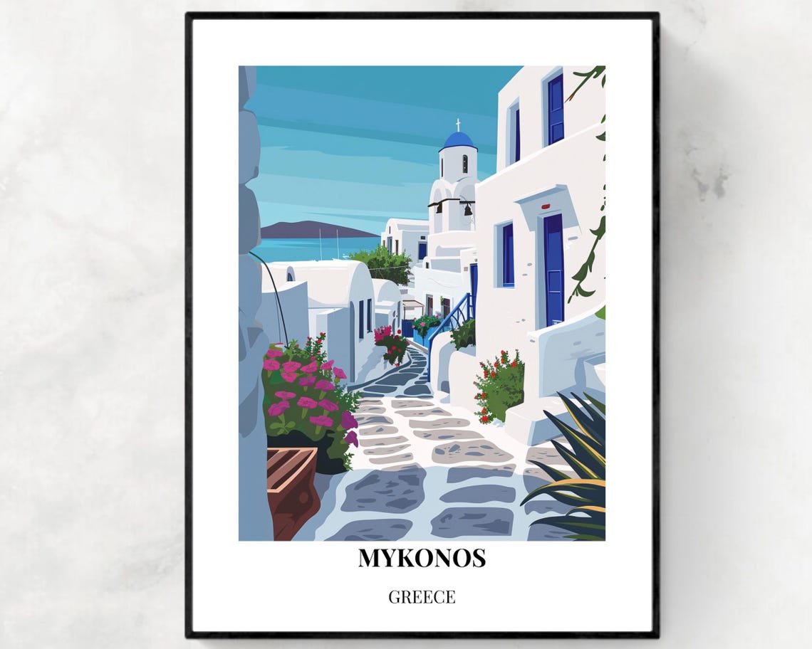 Mykonos Greece Whitewashed Alley Blue Domes Flowers Sea Travel Poster