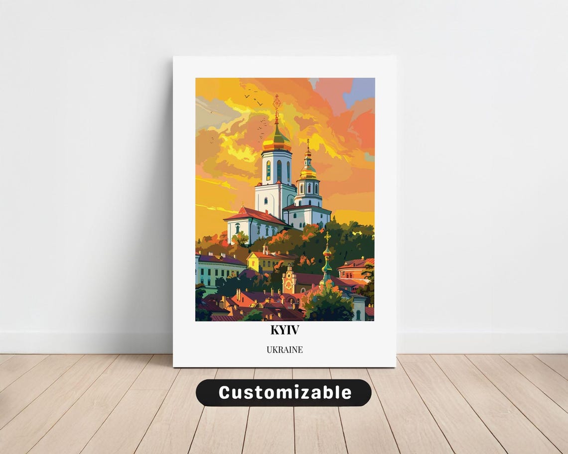 Kyiv Ukraine Golden Domed Churches Sunset Skyline Travel Poster