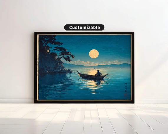 Traditional Woodblock Of Fisherman Near Moonlit Bay Japanese Wall Art Print Zen Asian Decor