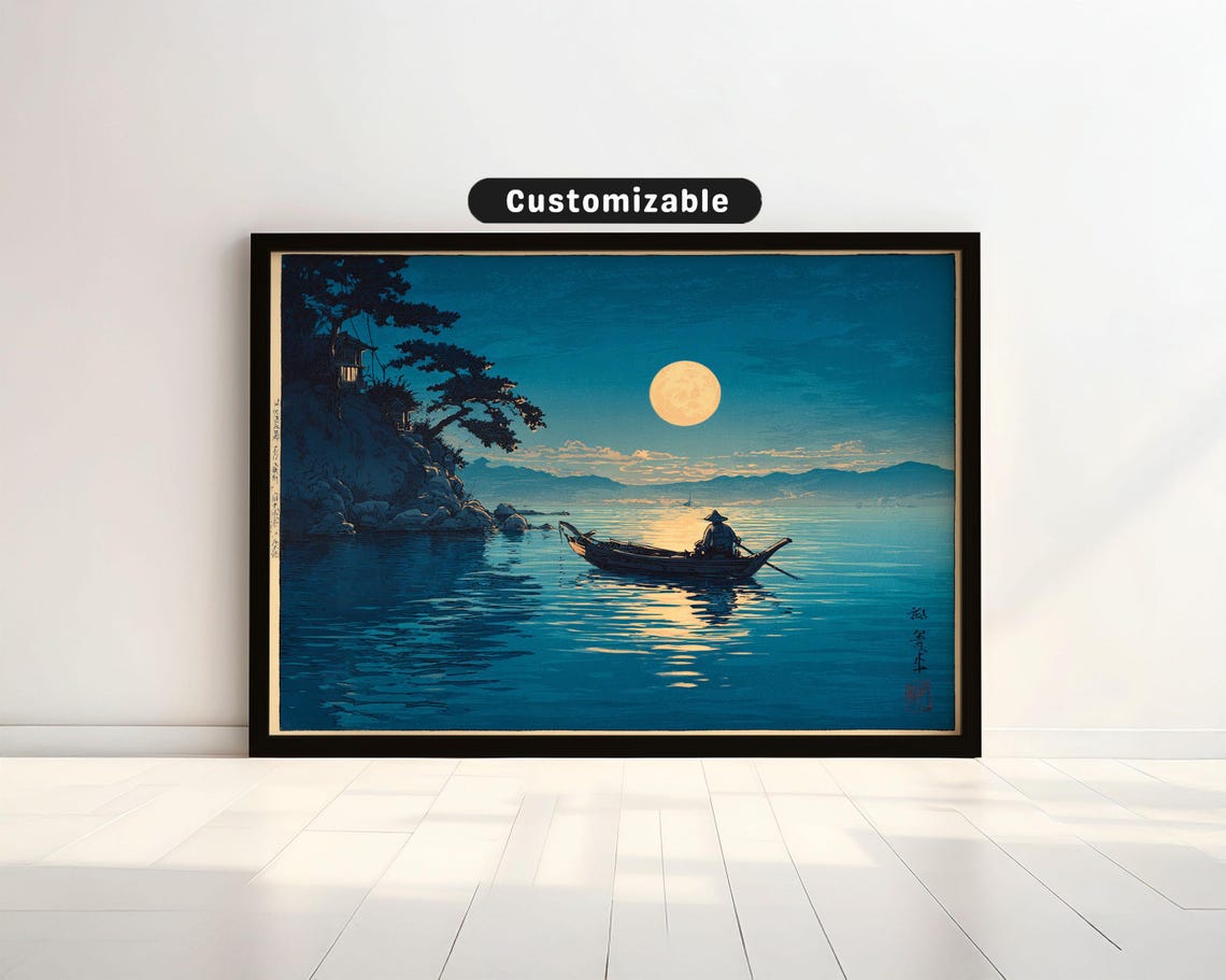 Japanese Woodblock Fisherman Moonlit Bay Night Full Moon Poster