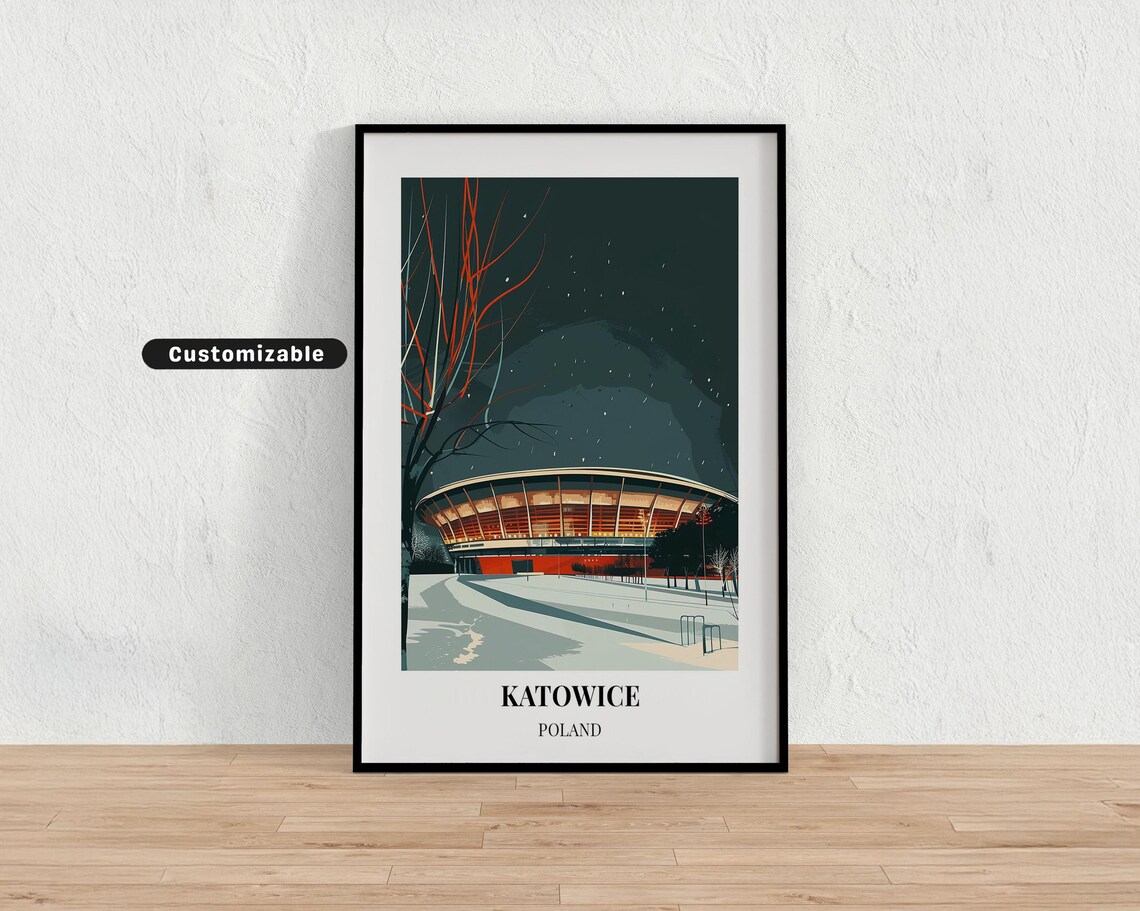 Katowice Poland Snowy Night Stadium Retro Winter Travel Wall Print