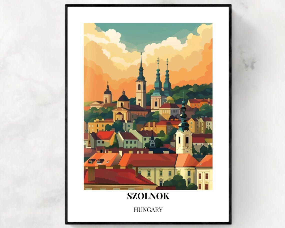 Szolnok Hungary Church Spires Over Rooftops Golden Sunset City Poster