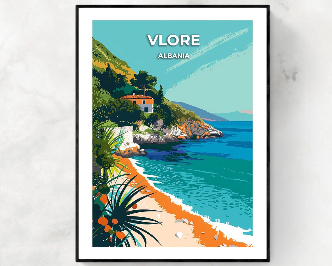 Vlore Albania Turquoise Coastline Seaside Villa Retro Travel Poster