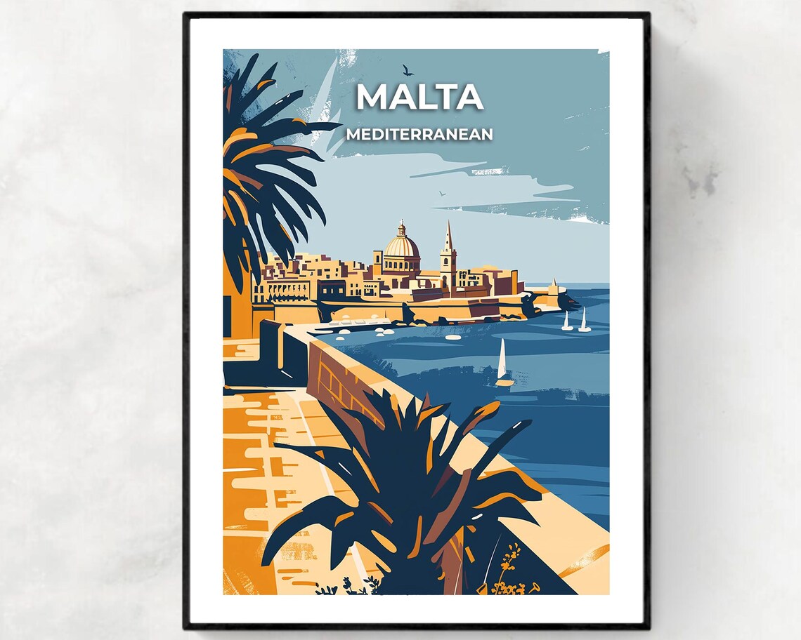 Malta Mediterranean Harbor Valletta Domes Sailboats Travel Poster