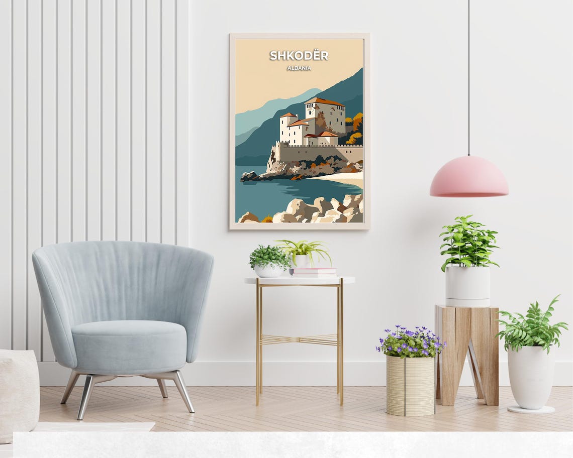 Shkodër Albania Hilltop Fortress Mountains Sea View Travel Poster - Image 2