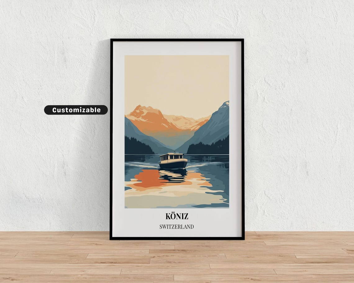 Köniz Switzerland Minimalist Lake Boat Mountain Travel Poster