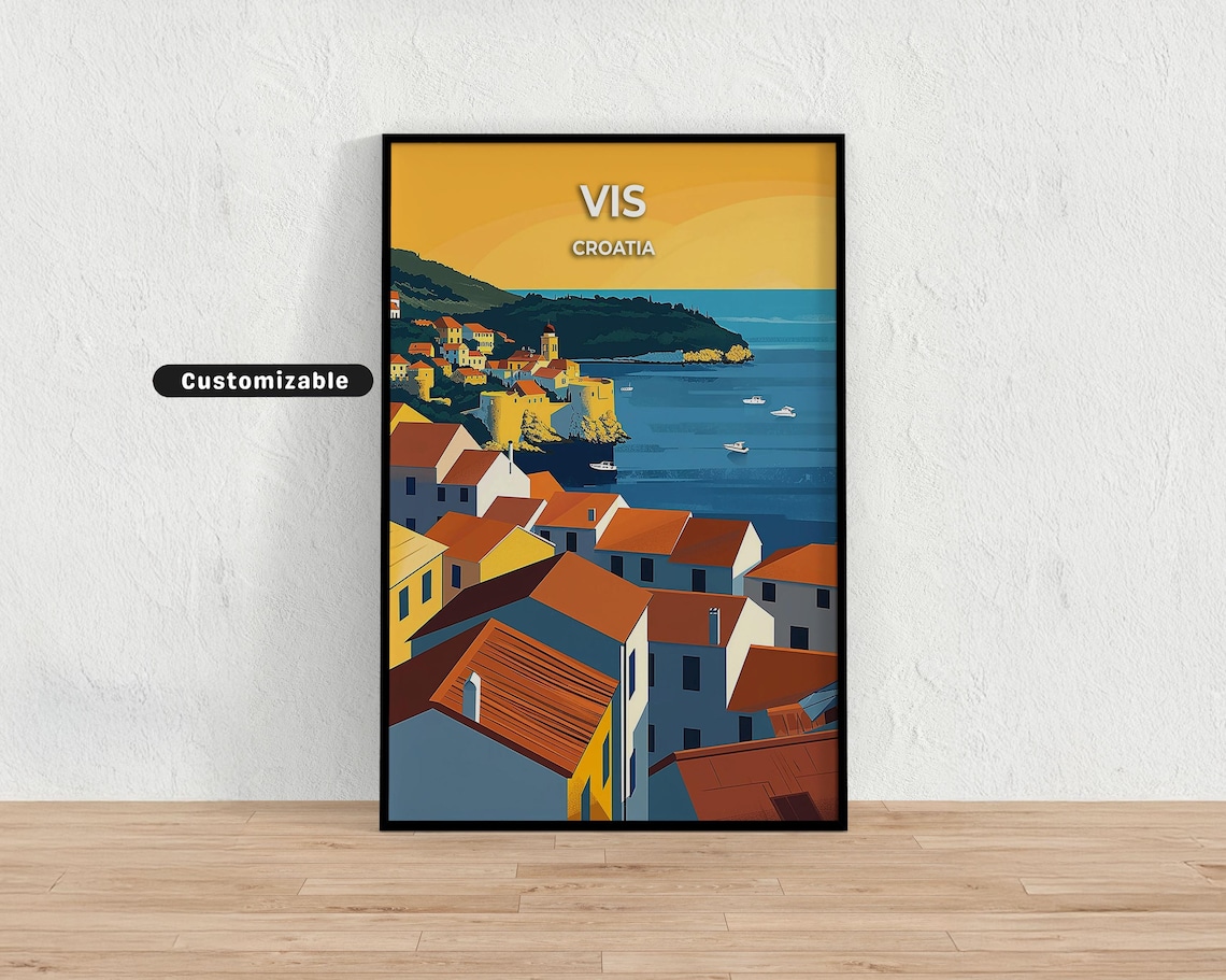 Vis Croatia Island Sunset Golden Coastal Town Harbor Travel Poster