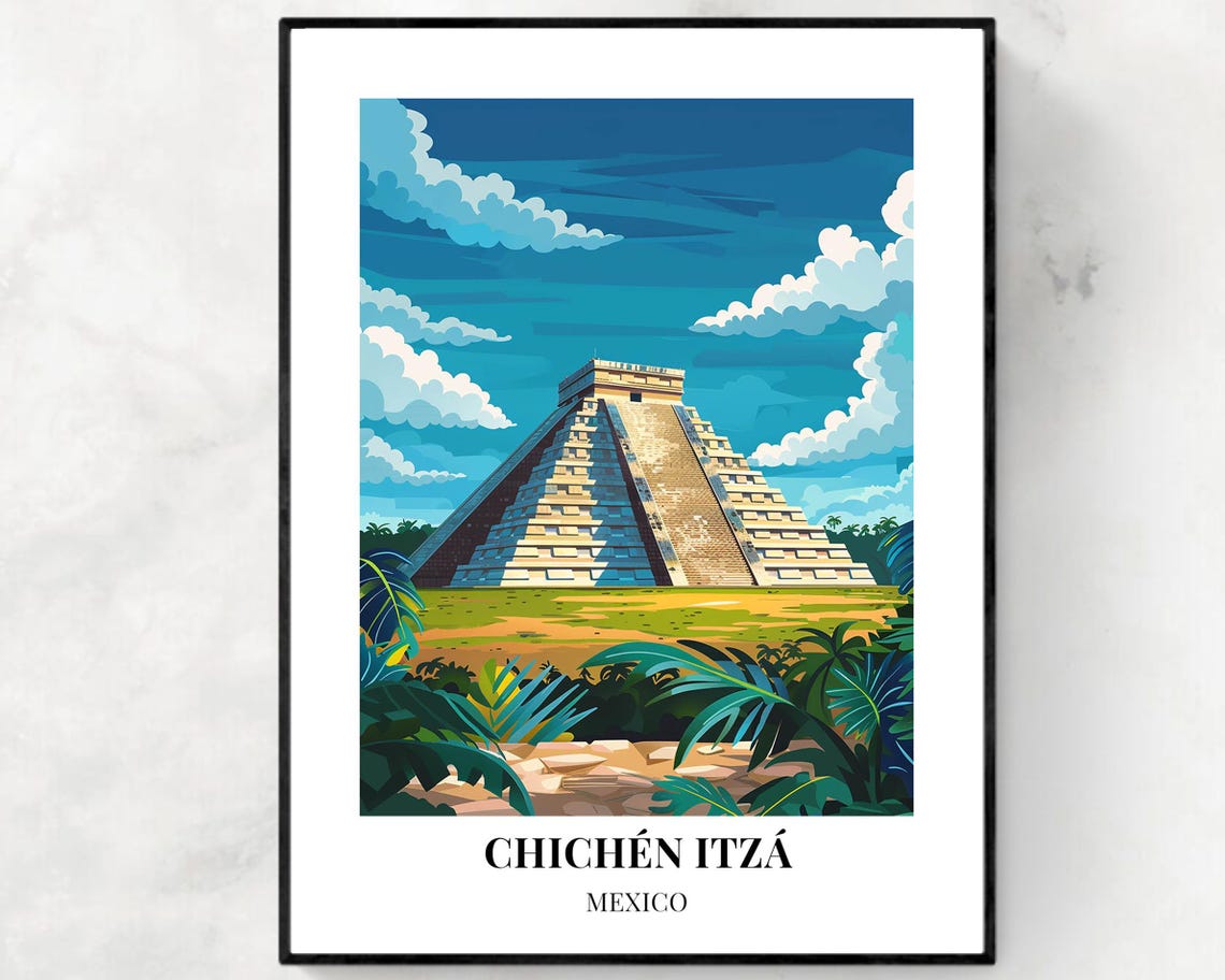 Chichén Itzá El Castillo Pyramid Ruins Illustrated Travel Poster