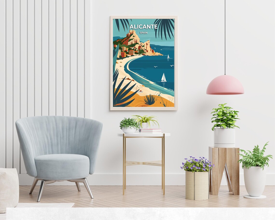Alicante Spain Hilltop Castle Overlooking Curved Beach And Sailboats Poster - Image 2