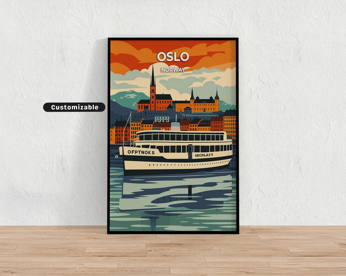 Oslo Norway Classic Ferry Harbor Sunset Bold Retro Travel Poster