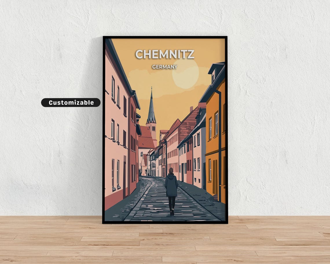 Chemnitz Germany Sunset Cobblestone Street Walk Retro Travel Poster