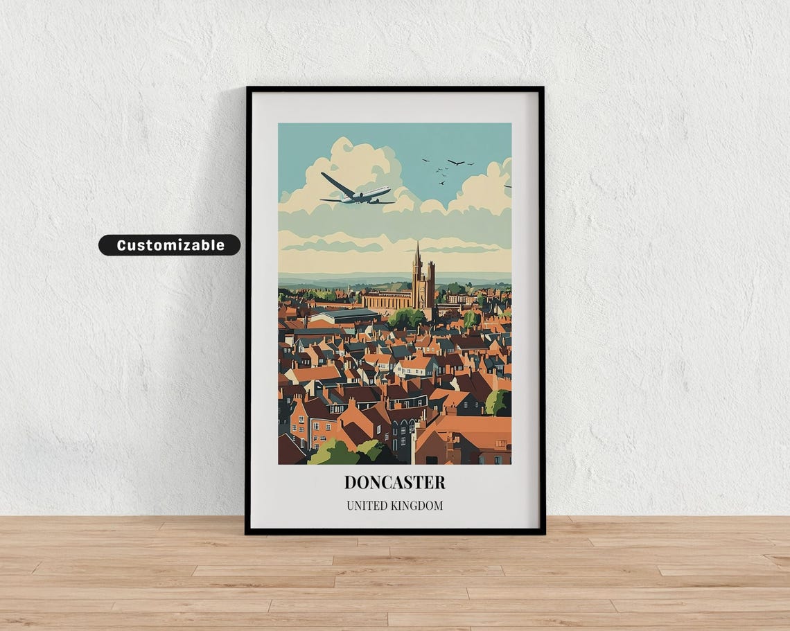 Doncaster United Kingdom Aerial Rooftops Minster Spire Travel Poster