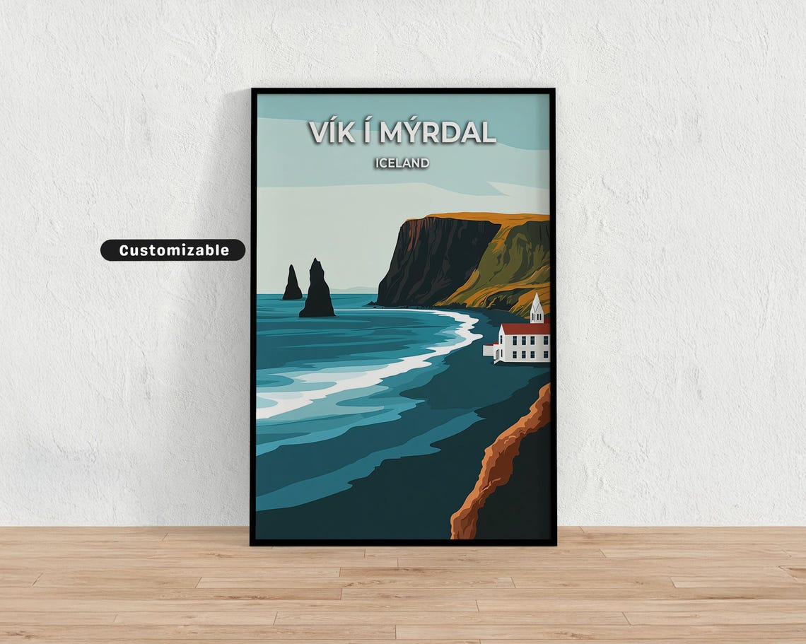 Vik i Myrdal Iceland Travel Poster Black Cliffs Retro Coastal Art