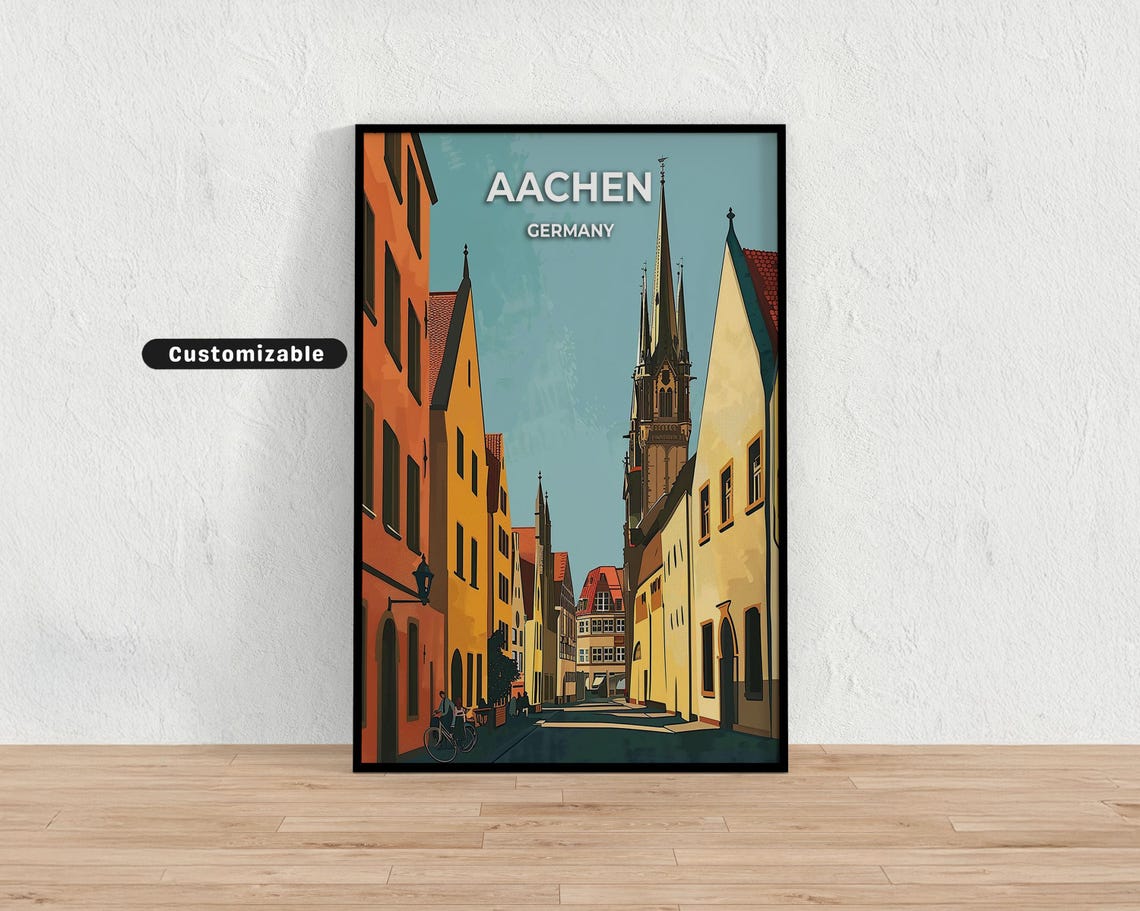 Aachen Germany Historic Old Town Street Church Spire Travel Poster