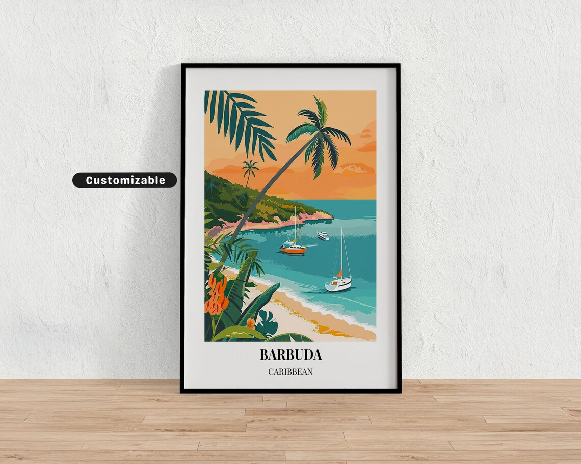 Barbuda Caribbean Sailboat Cove Travel Poster Beach Wall Decor