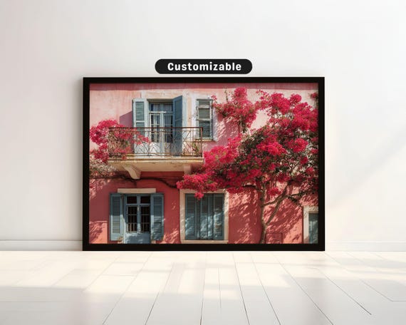 Pink Faade With Hanging Bougainvillea And Open Shutters Bold Wall Art Mediterranean Botanical Decor
