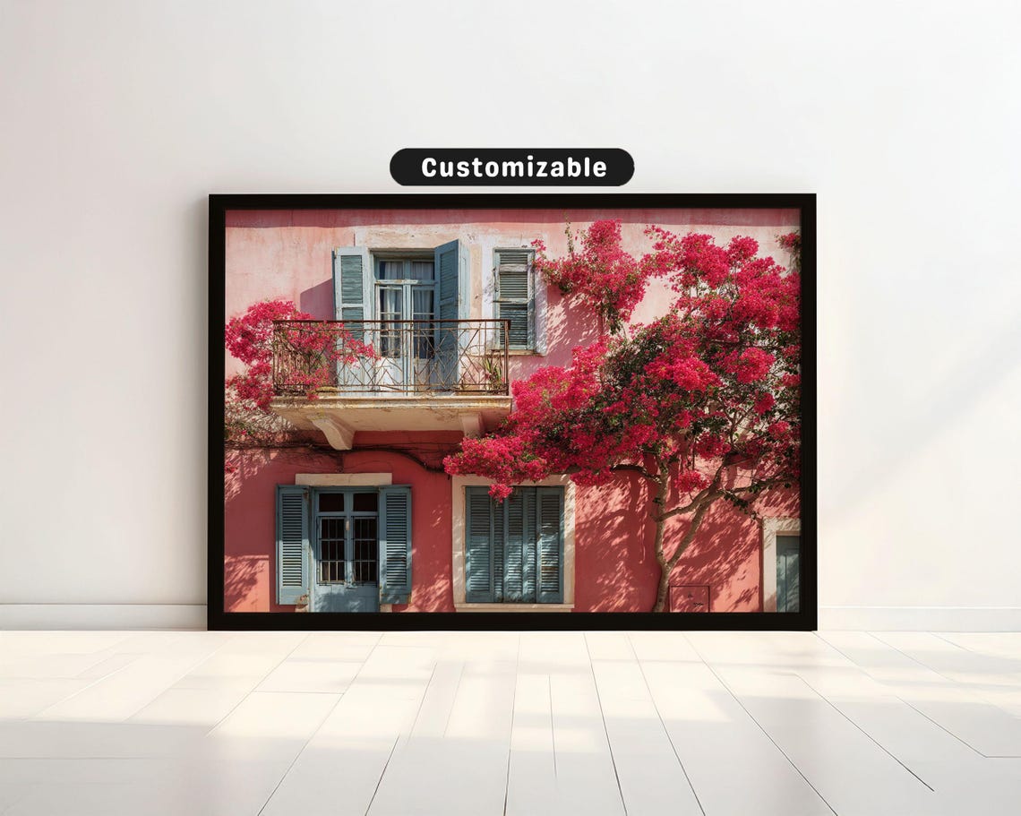 Pink Faade With Hanging Bougainvillea And Open Shutters Bold Wall Art Mediterranean Botanical Decor