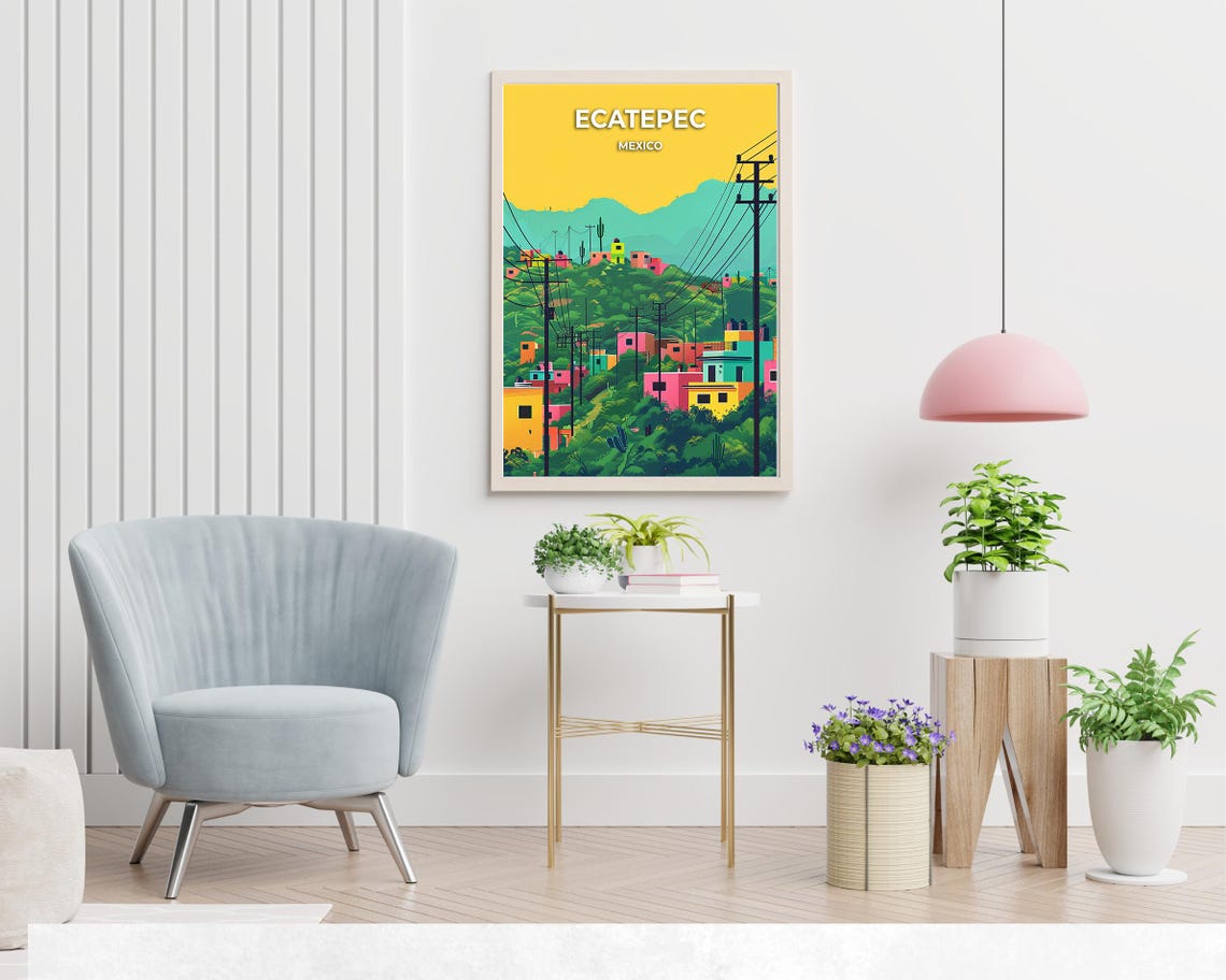 Ecatepec Mexico Hillside Town Golden Sky Scene Travel Poster - Image 2
