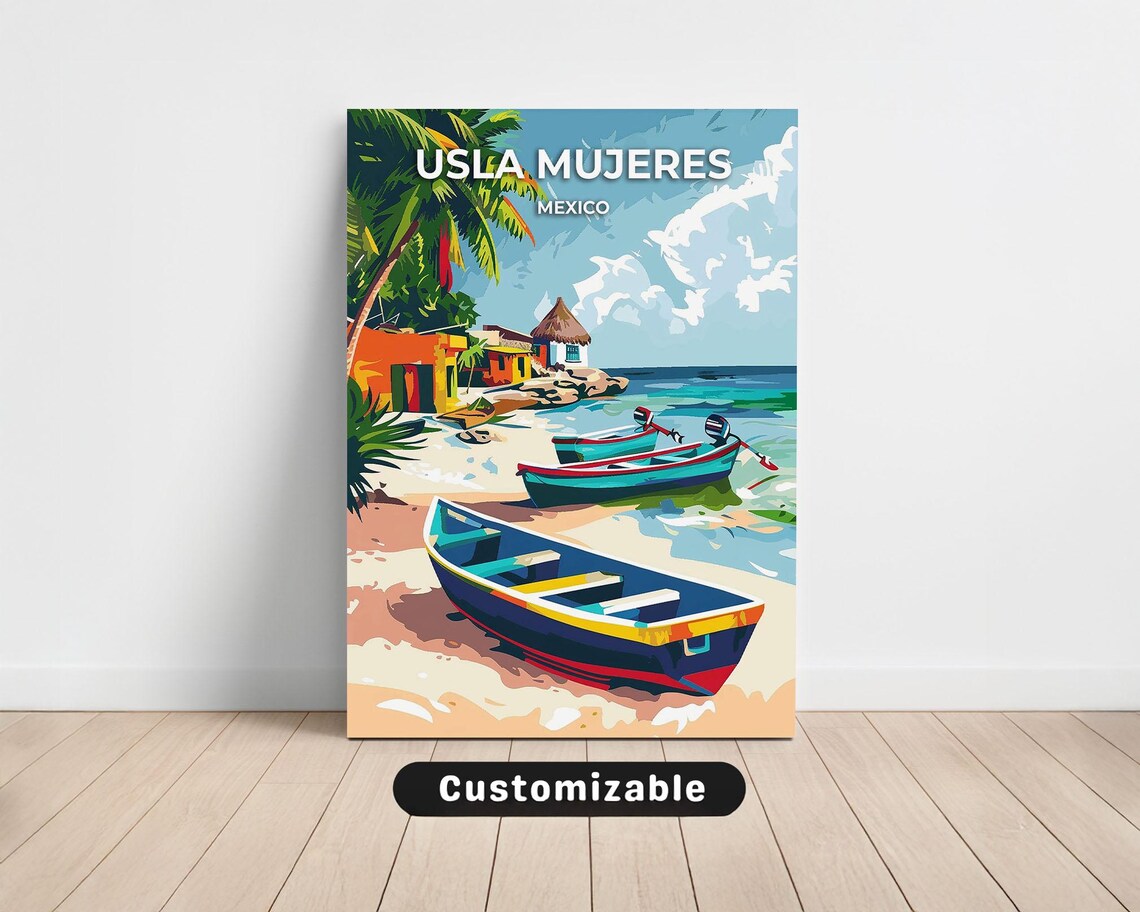 Usla Mujeres Mexico Fishing Boats Beach Colorful Travel Poster