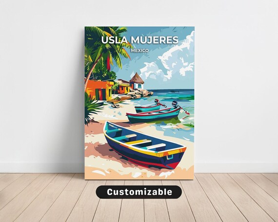 Usla Mujeres Mexico Fishing Boats Beach Colorful Travel Poster