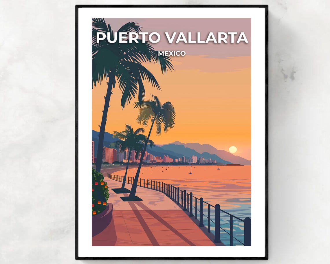 Puerto Vallarta Mexico Sunset Malecon Boardwalk Poster with Palms
