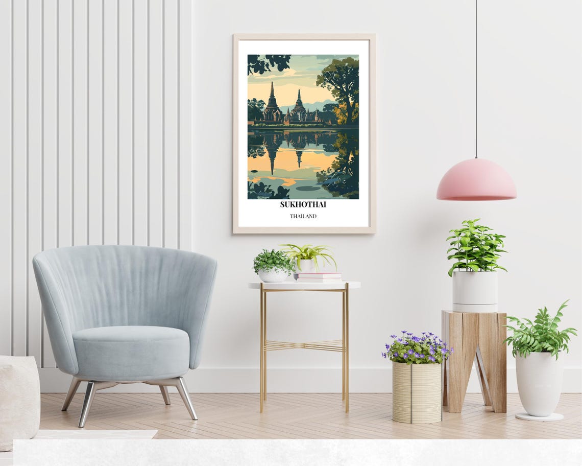 Sukhothai Ancient Temples Reflecting in Water at Dusk Poster - Image 2