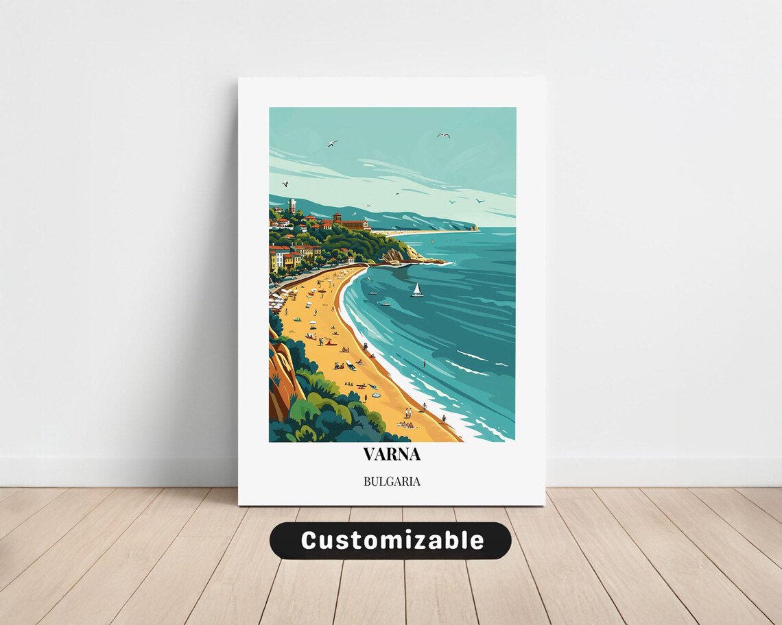 Varna Bulgaria Sandy Beach Black Sea Coastline Vintage Travel Poster
