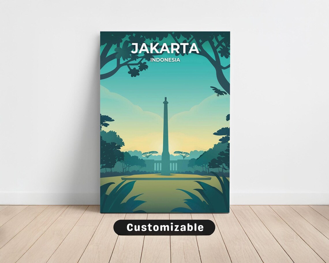 Jakarta Indonesia National Monument Sunset City Travel Poster