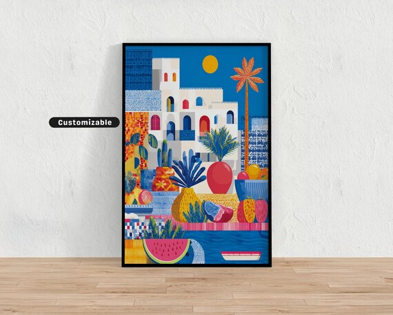 Colorful Mosaic Mediterranean Coastal Scene With Fruit Poster